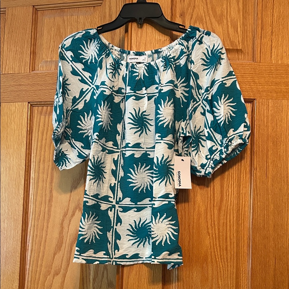 Sonoma Teal and White Patterned Blouse